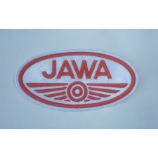 APPLIQUE - JAWA - (100X52MM) - (RED JAWA ON WHITE BACKGROUND)